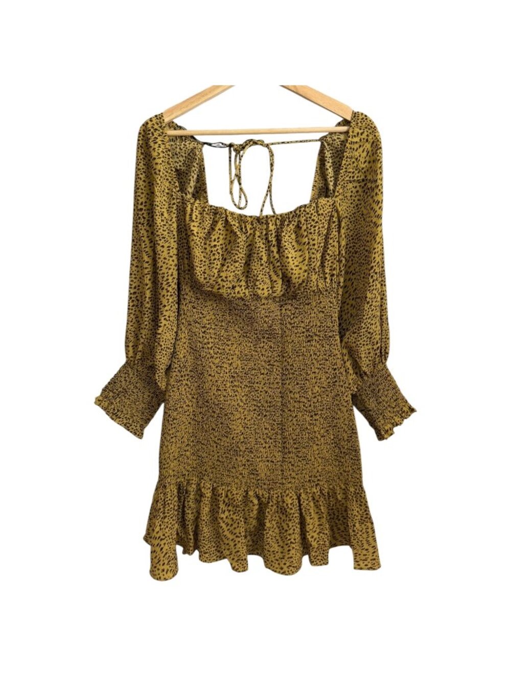 Free People Elliatt Milkmaid Animal Print Puff Sleeve Smocked Romance Dress L